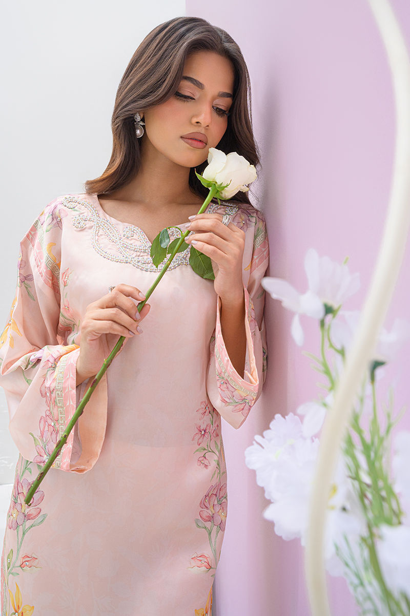 Fatima Khan | Eid Digital Silk Prints | Peach Blossoms