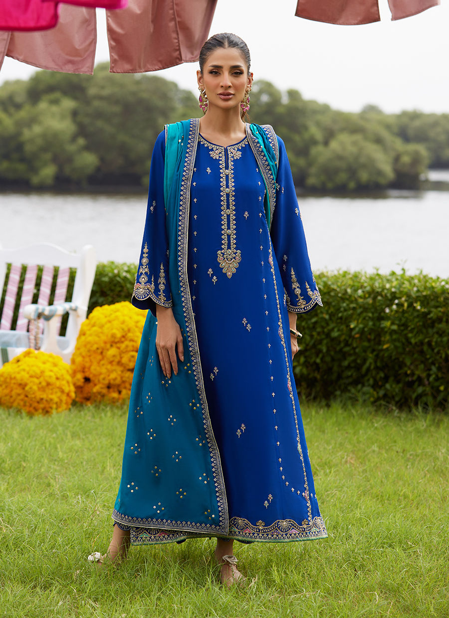 Farah Talib Aziz | Mayna Festive Luxe Pret | Opal Blue Shirt And Dupatta