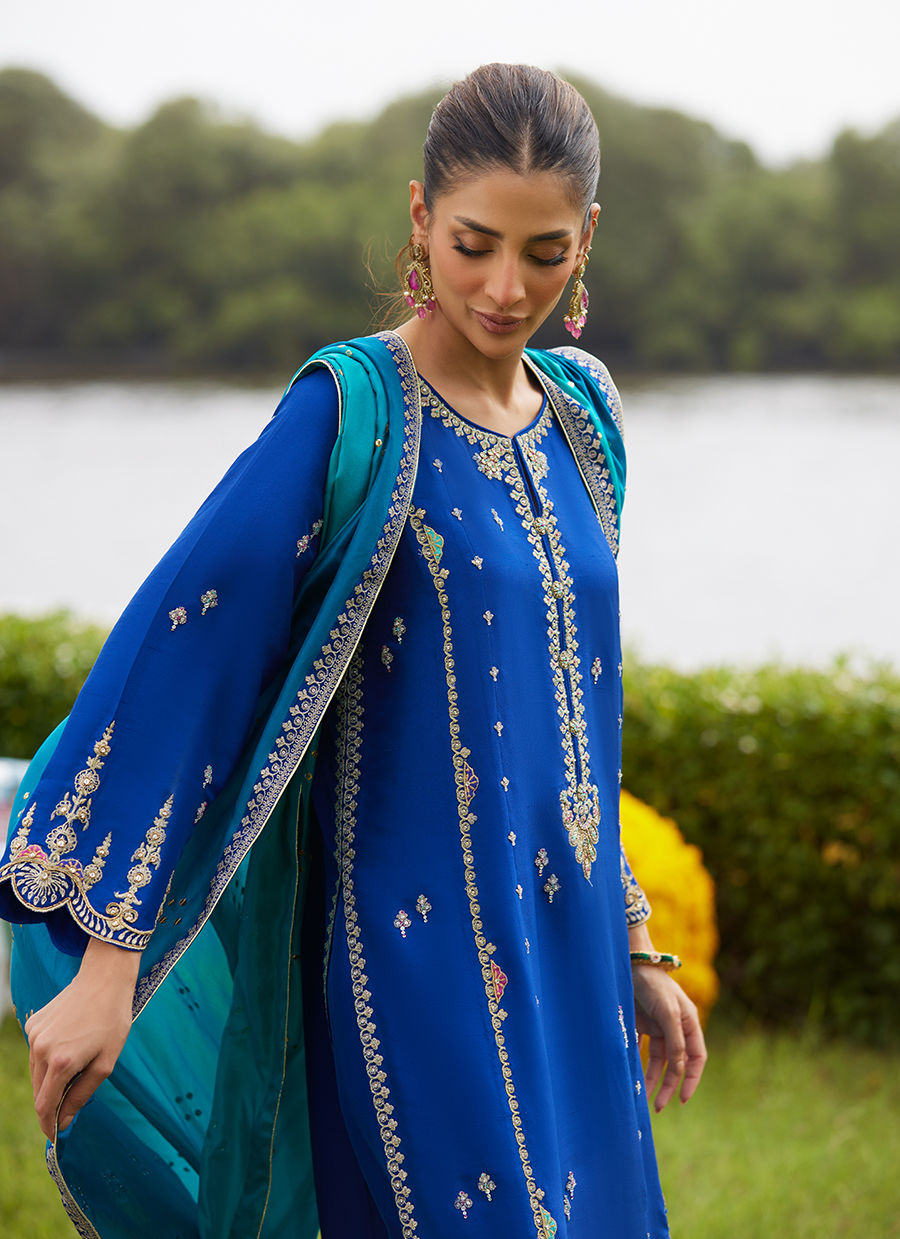 Farah Talib Aziz | Mayna Festive Luxe Pret | Opal Blue Shirt And Dupatta