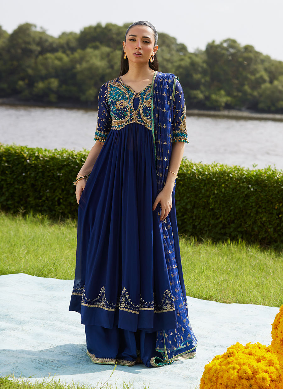 Farah Talib Aziz | Mayna Festive Luxe Pret | Zari Navy Kalidaar And Dupatta