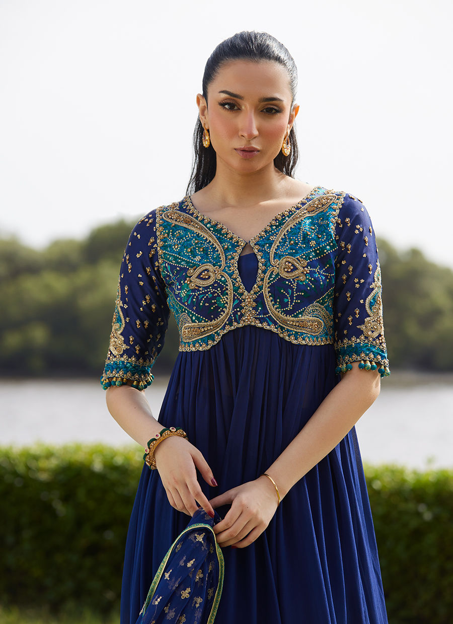 Farah Talib Aziz | Mayna Festive Luxe Pret | Zari Navy Kalidaar And Dupatta