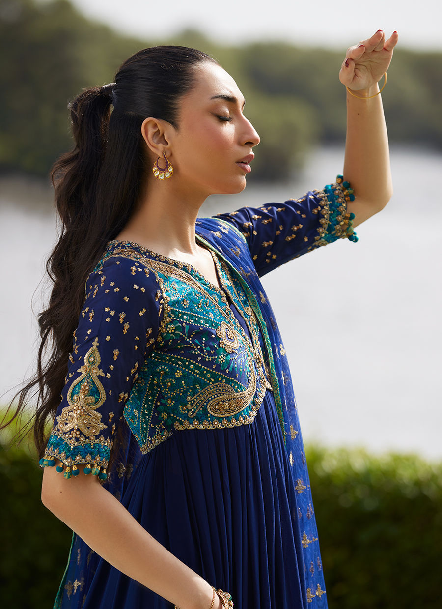 Farah Talib Aziz | Mayna Festive Luxe Pret | Zari Navy Kalidaar And Dupatta
