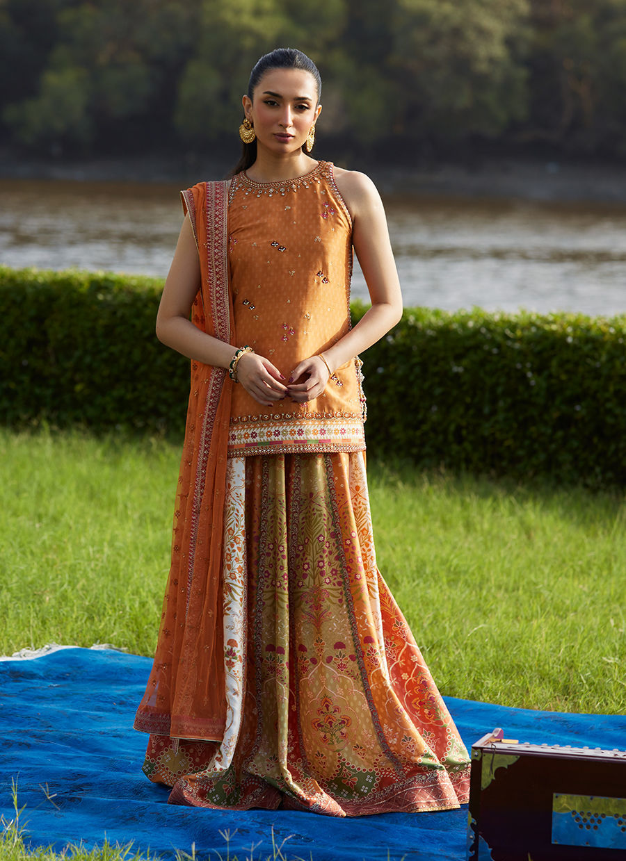 Farah Talib Aziz | Mayna Festive Luxe Pret | Sitar Saffron Shirt And Dupatta