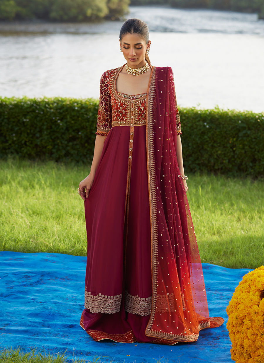 Farah Talib Aziz | Mayna Festive Luxe Pret | Anarq Crimson Kalidaar And Dupatta