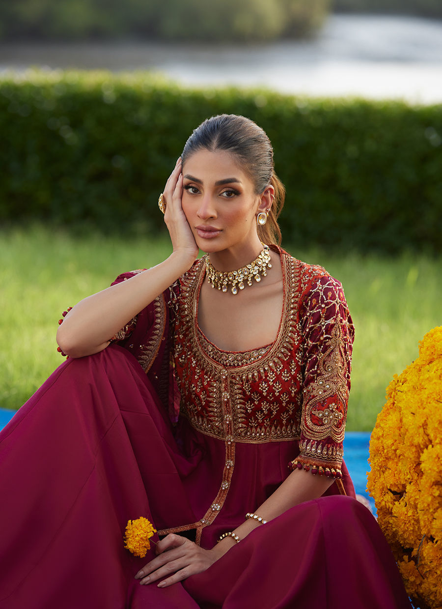 Farah Talib Aziz | Mayna Festive Luxe Pret | Anarq Crimson Kalidaar And Dupatta