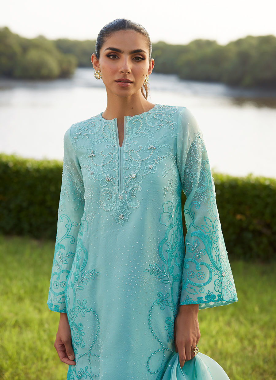 Farah Talib Aziz | Mayna Festive Luxe Pret | Wari Aqua Kurta And Dupatta