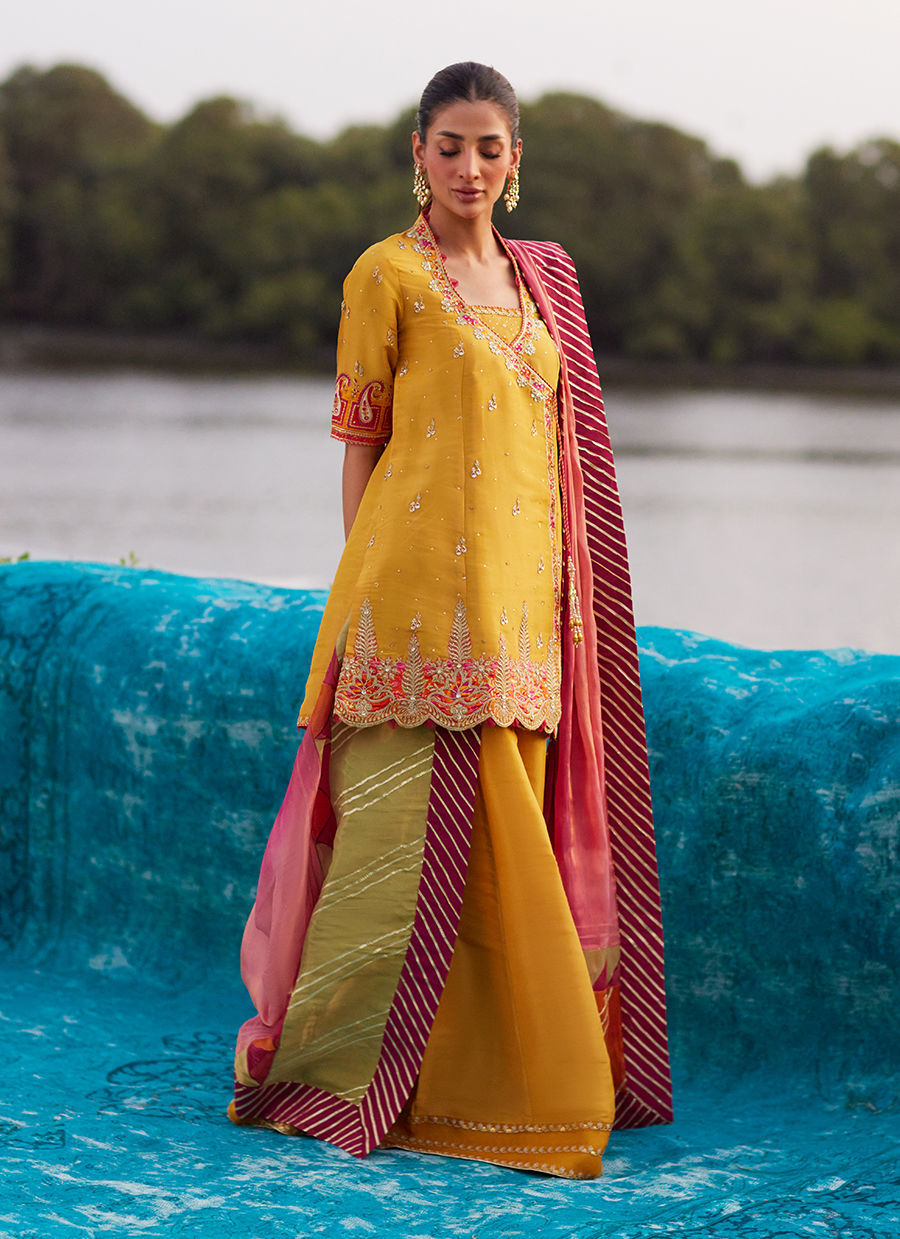 Farah Talib Aziz | Mayna Festive Luxe Pret | Henna Saffron Angharkha And Dupatta