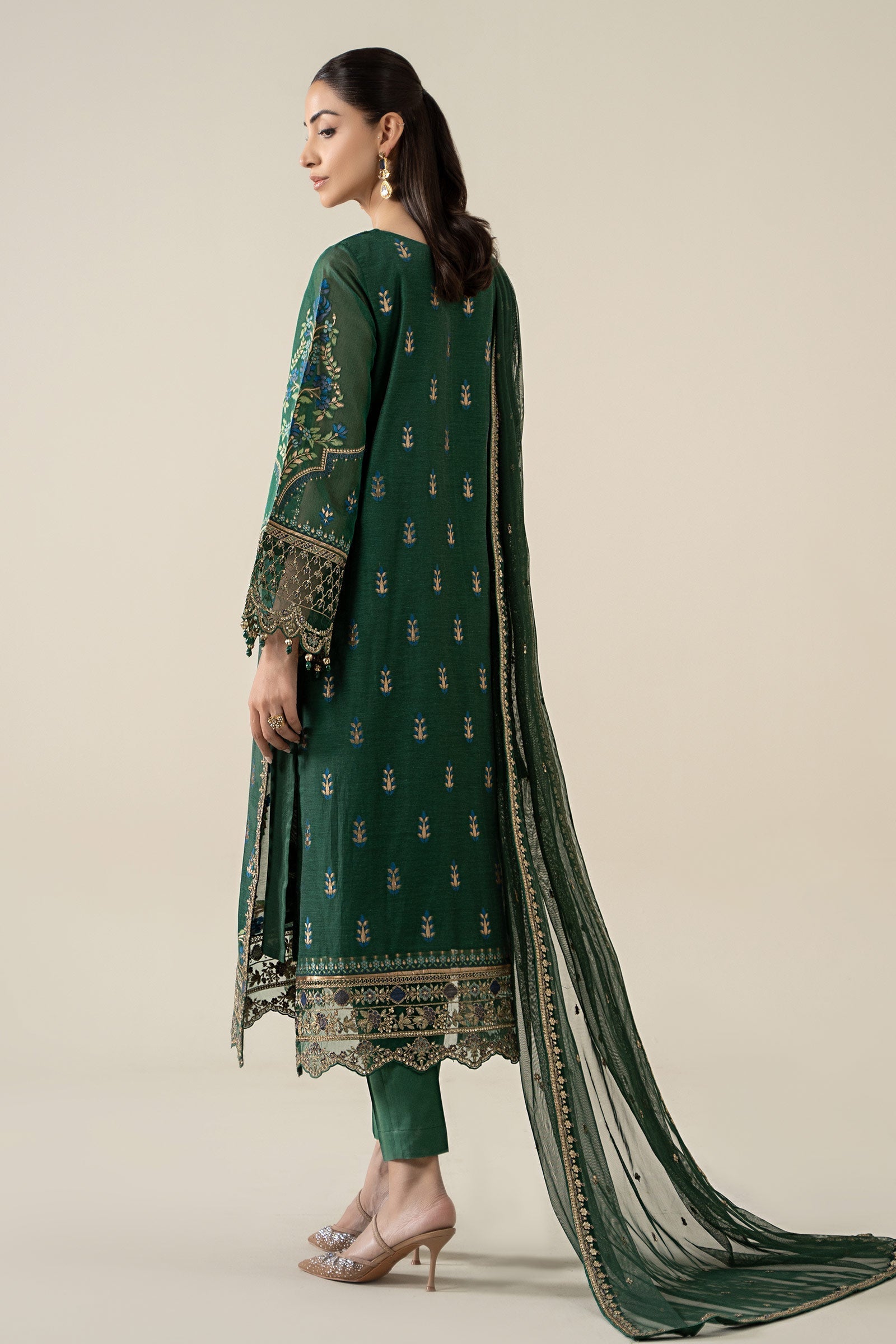 Maria B | Pre Fall Dresses | 3 Piece Embroidered Jacquard Suit Dark Teal Green