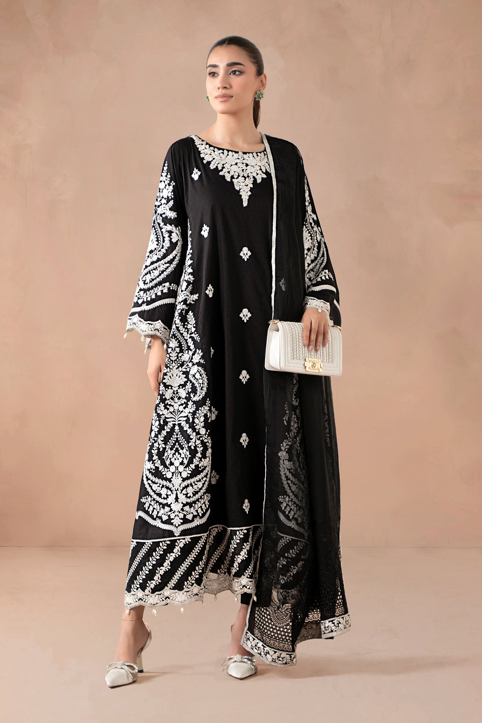 Maria B | Pre Fall Dresses  | 3 Piece Embroidered Self Jacquard Suit Black