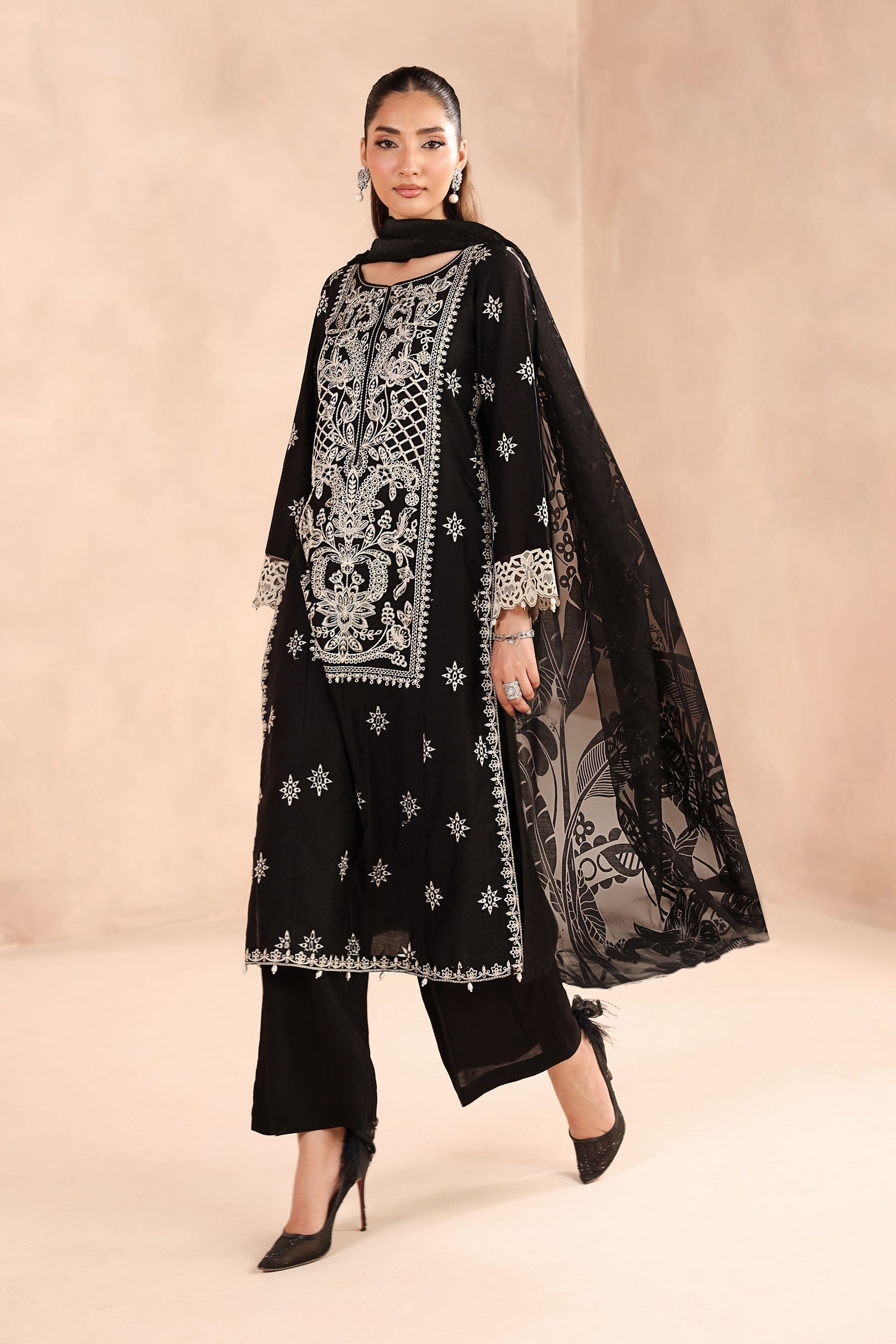 Maria B | Pre Fall Dresses | 3 Piece Embroidered Dobby Suit Black