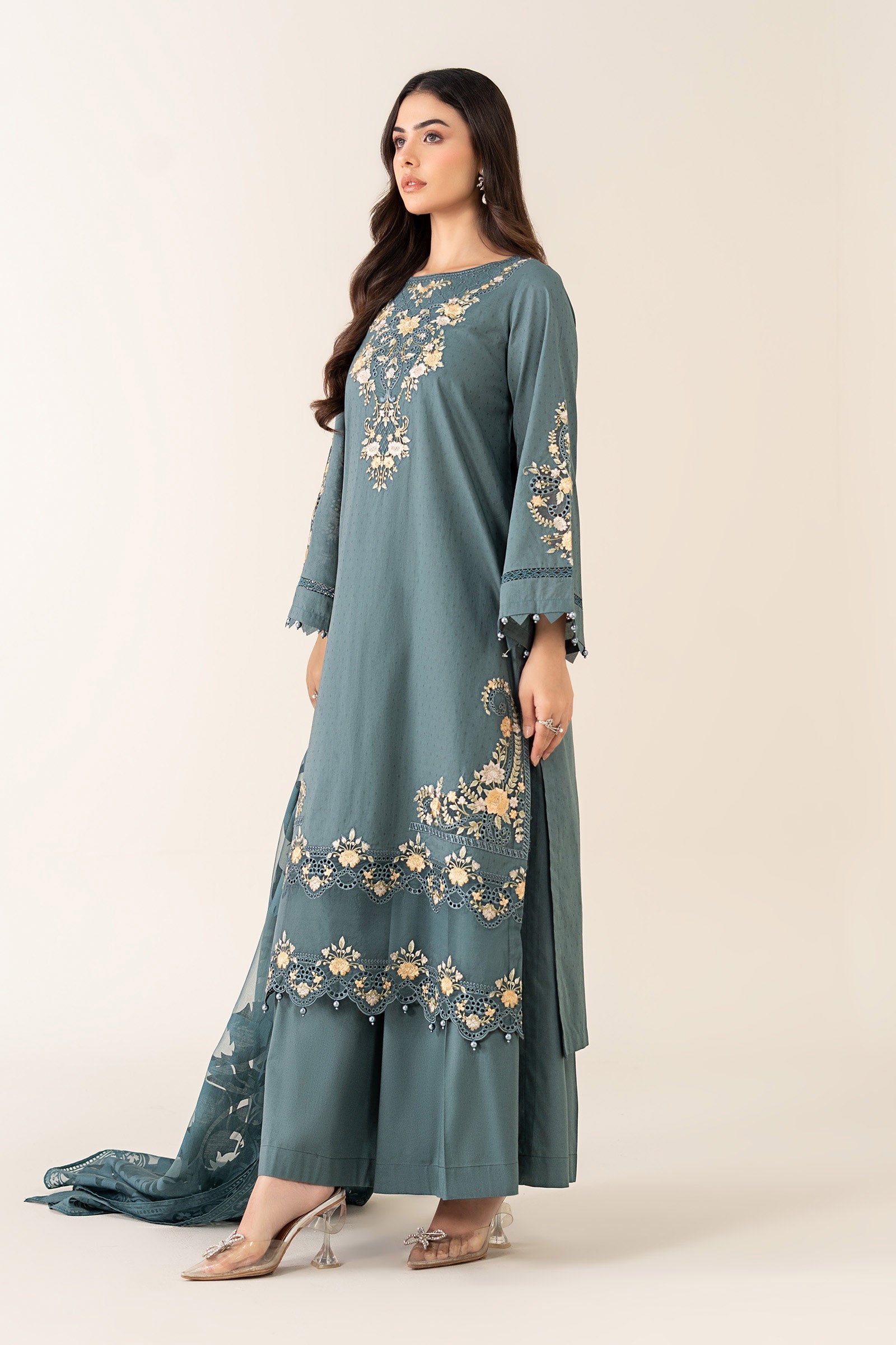 Maria B | Pre Fall Dresses | 3 Piece Embroidered Dobby Suit Teal