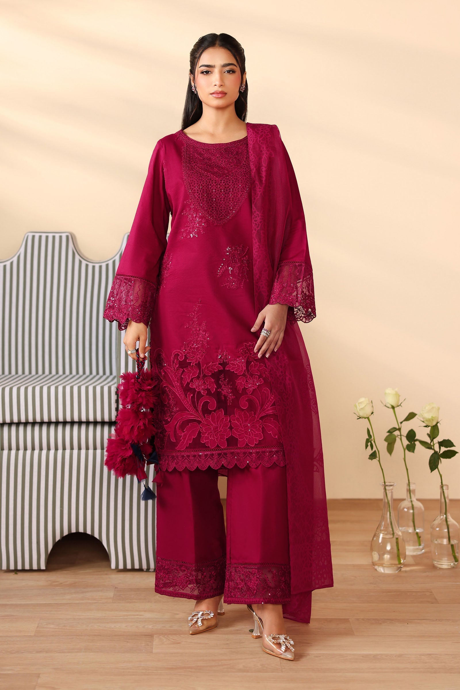 Maria B | Pre Fall Dresses | 3 Piece Embroidered Dobby Suit Maroon
