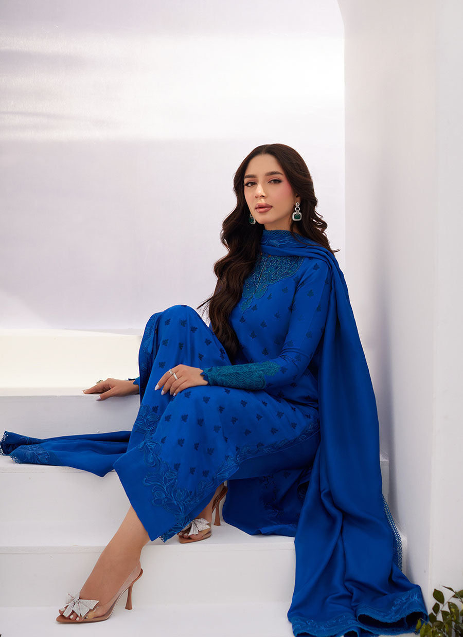 Farah Talib Aziz | Zaza Luxe Pret 24 | CHARR BLUE EMBROIDERED RAW SILK SHIRT AND DUPATTA