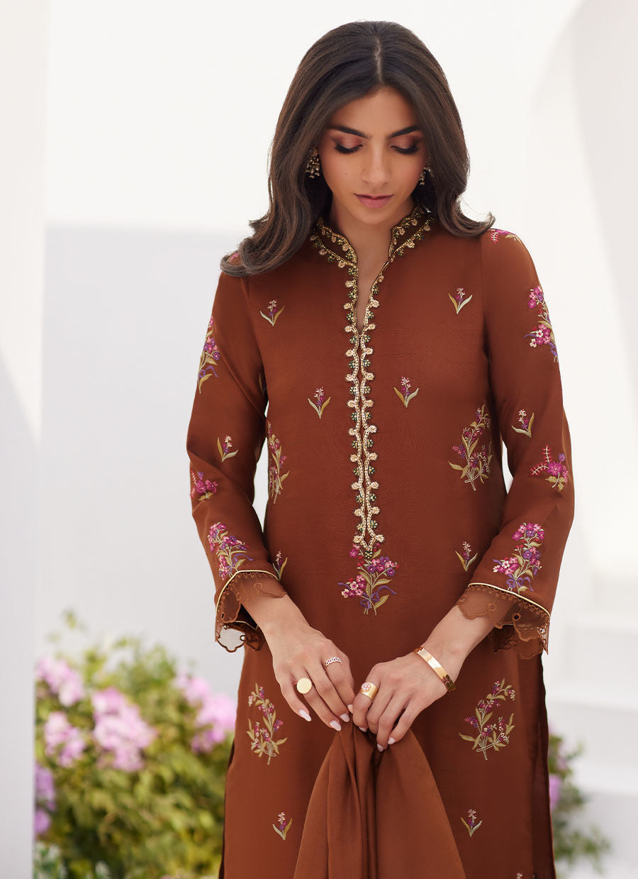 Farah Talib Aziz | Zaza Luxe Pret 24 | NOEMIE CHOCOLATE EMBROIDERED RAW SILK SHIRT AND DUPATTA