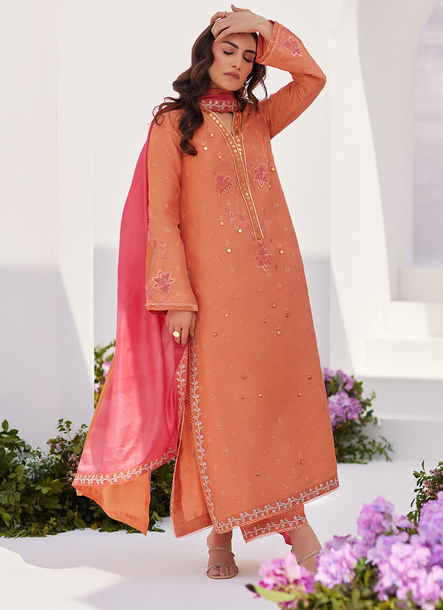 Farah Talib Aziz | Zaza Luxe Pret 24 | ELYNA CORAL EMBROIDERED RAW SILK SHIRT AND DUPATTA