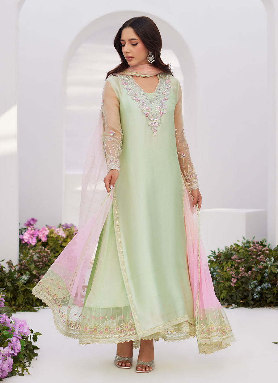 Farah Talib Aziz | Zaza Luxe Pret 24 | COLLETTE MINT OMBRE EMBELLISHED COLUMN SHIRT WITH KALIDAAR WITH EMBROIDERED SLIP