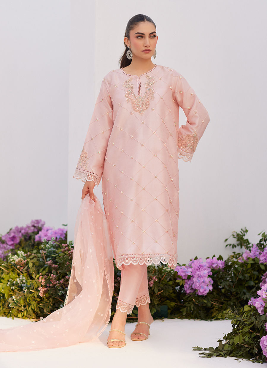 Farah Talib Aziz | Zaza Luxe Pret 24 | BEBE BLUSH PINK EMBELLISHED RAW SILK KURTA SHIRT AND DUPATTA