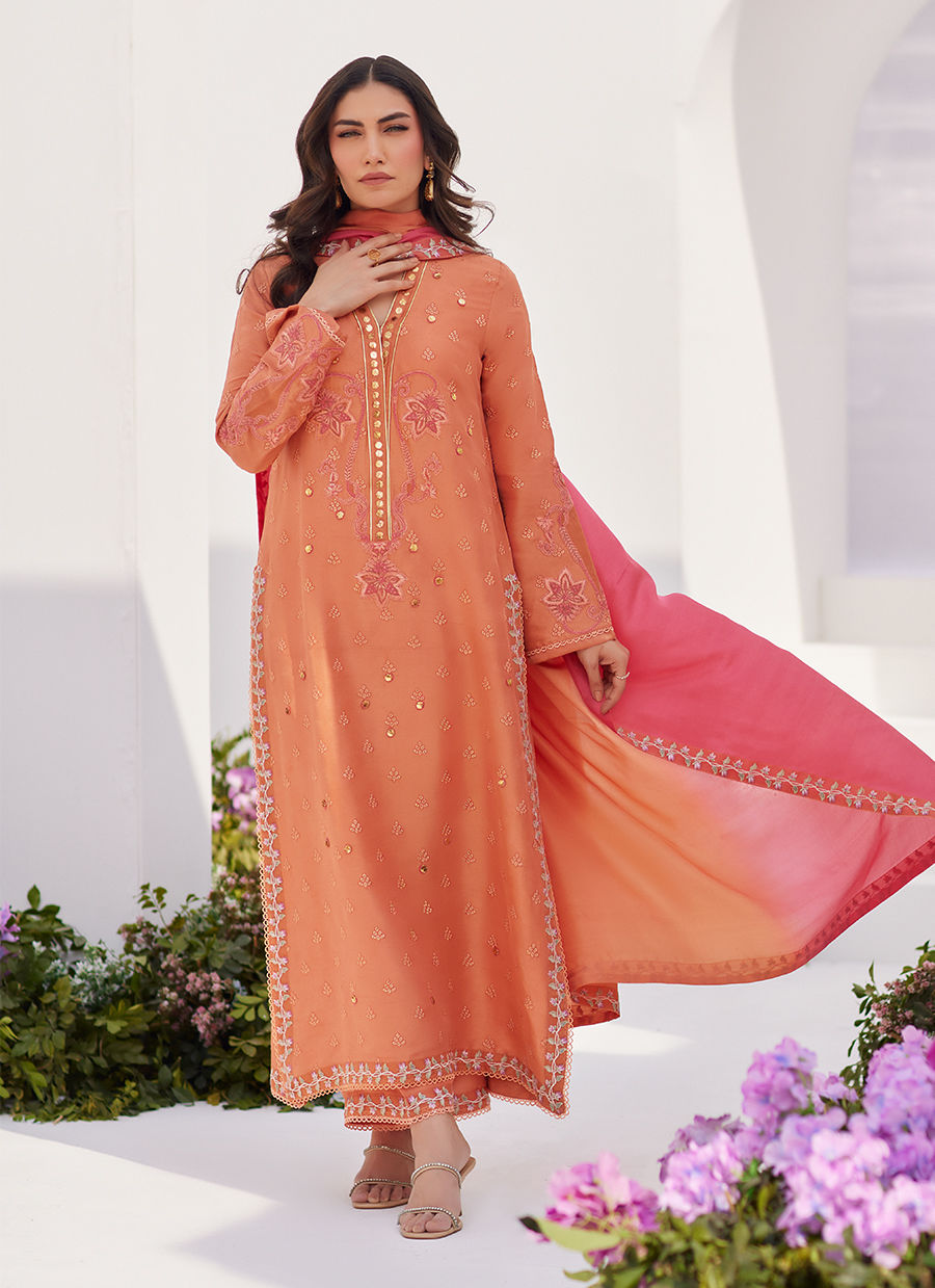 Farah Talib Aziz | Zaza Luxe Pret 24 | ELYNA CORAL EMBROIDERED RAW SILK SHIRT AND DUPATTA