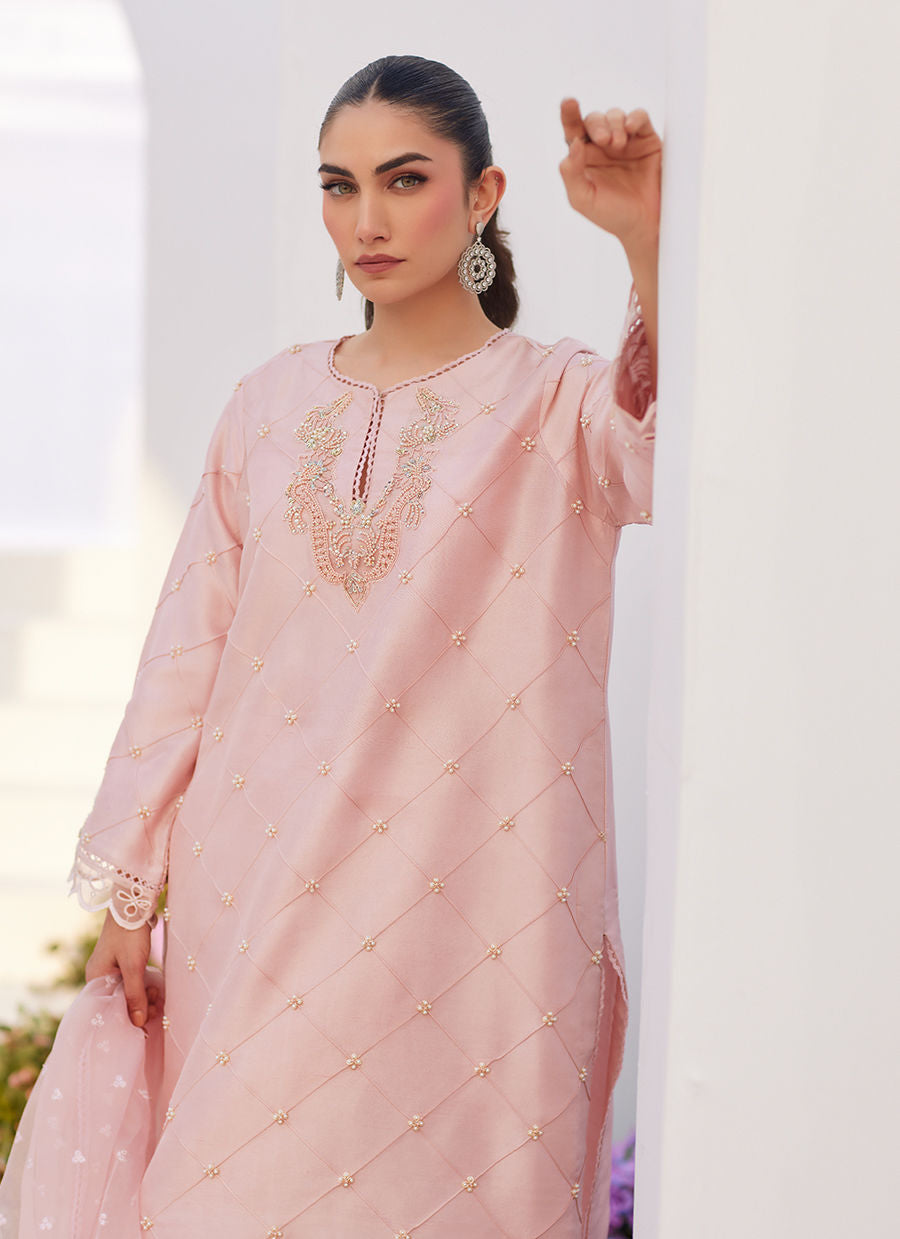 Farah Talib Aziz | Zaza Luxe Pret 24 | BEBE BLUSH PINK EMBELLISHED RAW SILK KURTA SHIRT AND DUPATTA