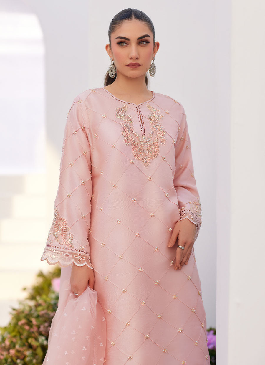 Farah Talib Aziz | Zaza Luxe Pret 24 | BEBE BLUSH PINK EMBELLISHED RAW SILK KURTA SHIRT AND DUPATTA