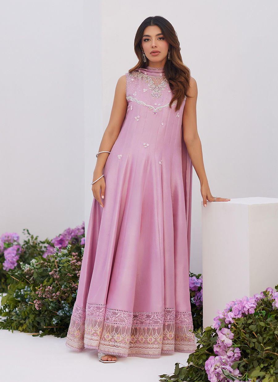 Farah Talib Aziz | Zaza Luxe Pret 24 |  CECE MAUVE EMBELLISHED RAW SILK KALIDAR WITH CHARMUESE DUPATTA