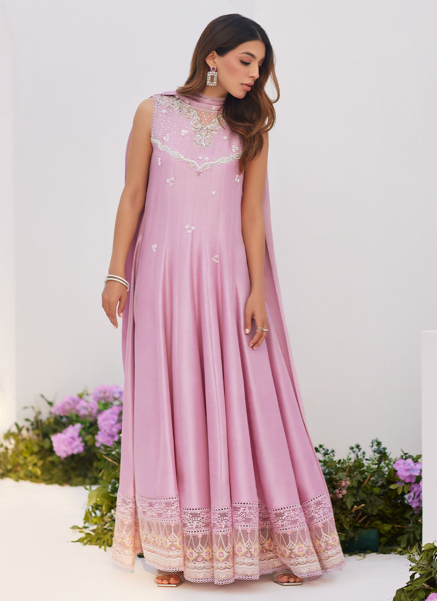 Farah Talib Aziz | Zaza Luxe Pret 24 |  CECE MAUVE EMBELLISHED RAW SILK KALIDAR WITH CHARMUESE DUPATTA