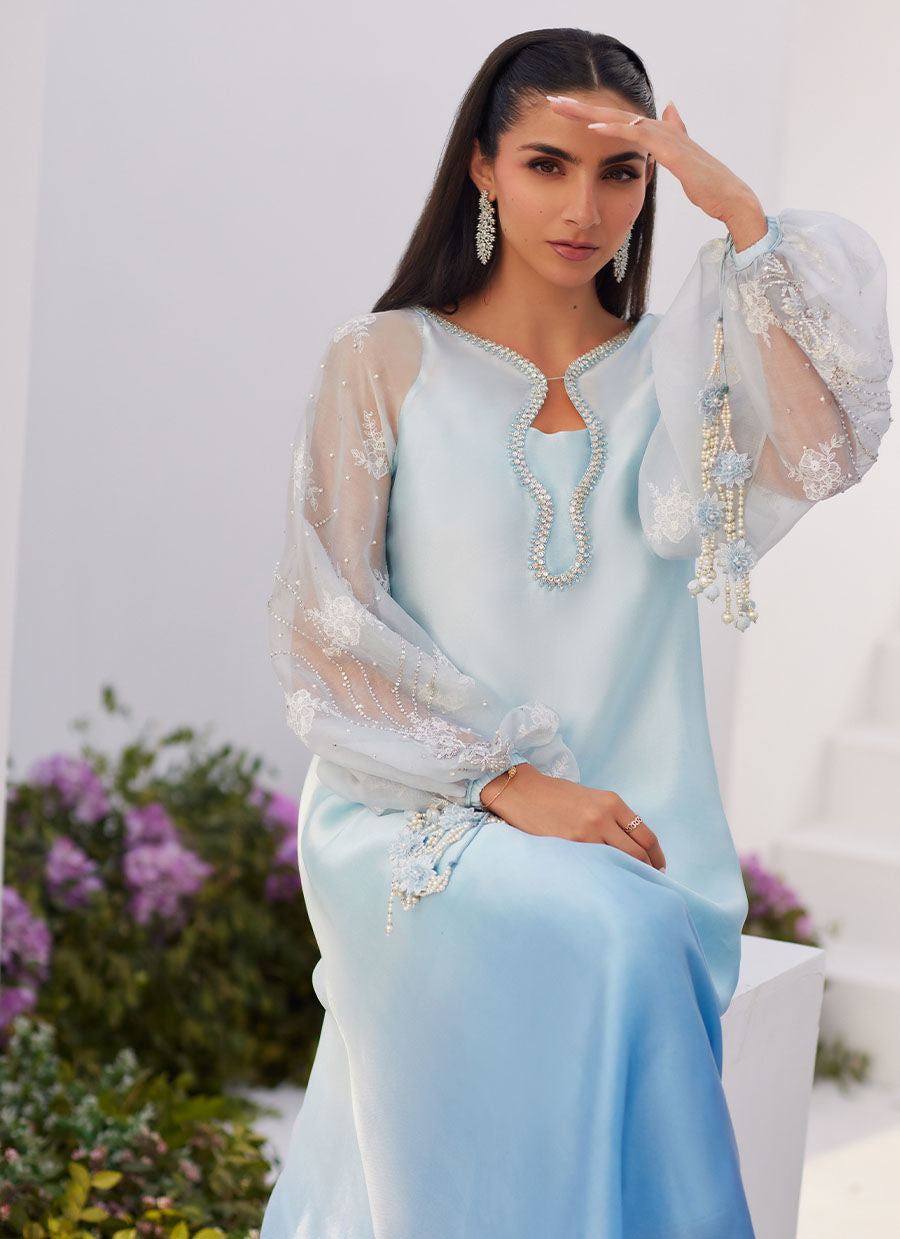 Farah Talib Aziz | Zaza Luxe Pret 24 |  BOW OMBRE BLUE EMBELLISHED KAFTAN CUT SHIRT
