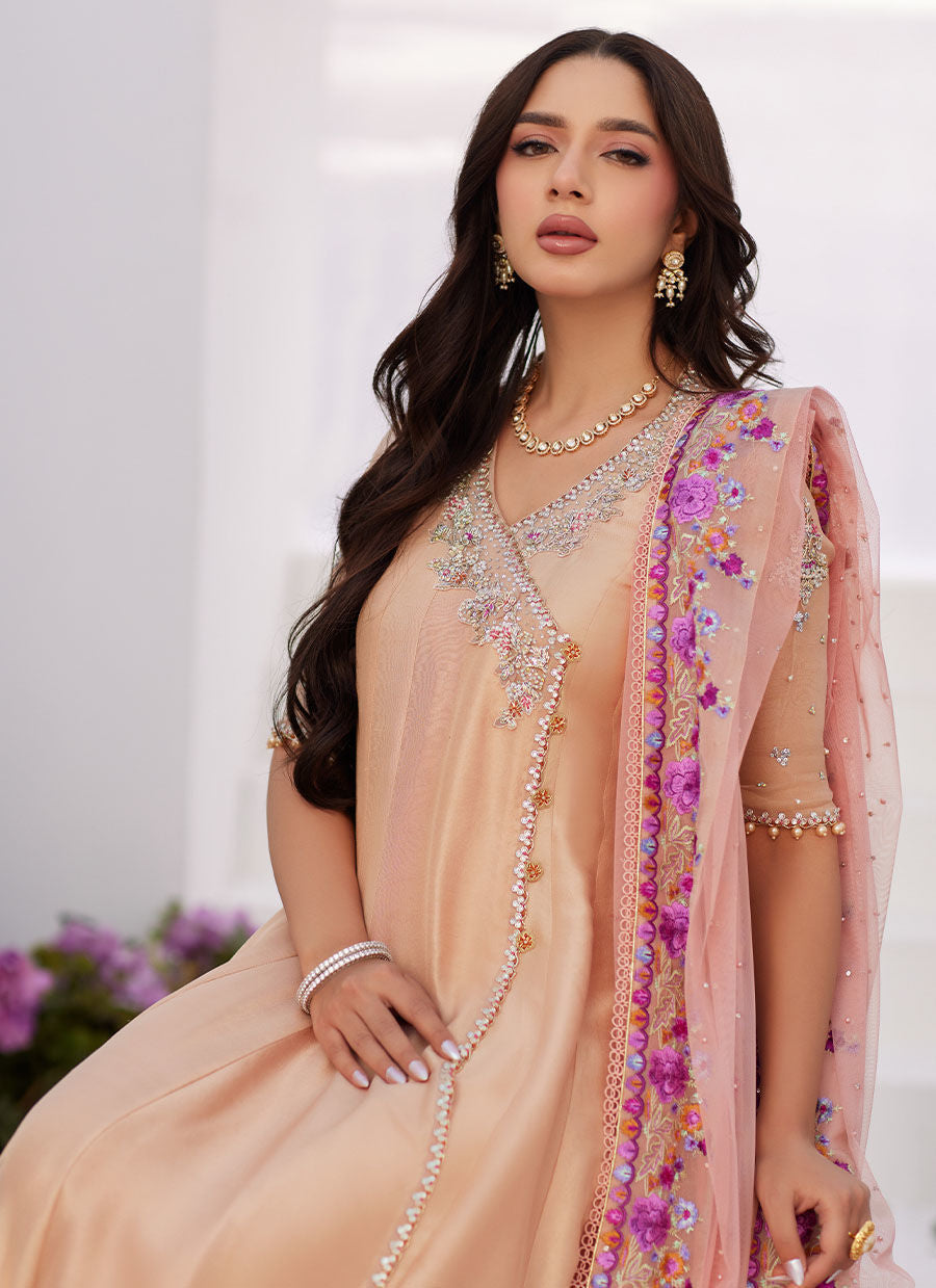 Farah Talib Aziz | Zaza Luxe Pret 24 | LISETTE FAWN EMBELLISHED RAW SILK ANGARKHA AND DUPATTA