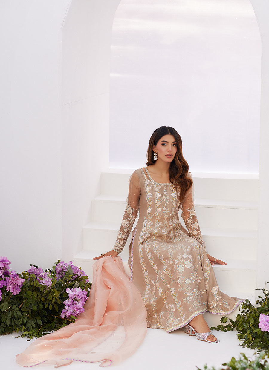 Farah Talib Aziz | Zaza Luxe Pret 24 | CHARLENE SAND EMBROIDERED KALIDAAR WITH DUPATTA