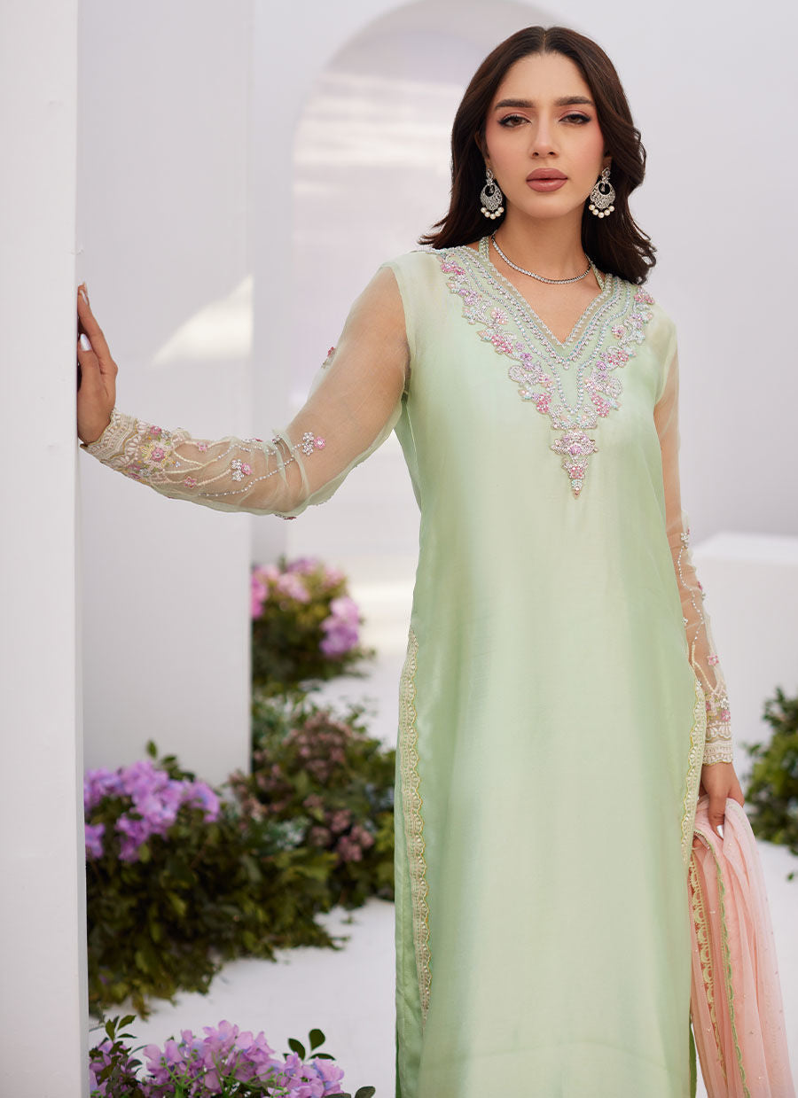 Farah Talib Aziz | Zaza Luxe Pret 24 | COLLETTE MINT OMBRE EMBELLISHED COLUMN SHIRT WITH KALIDAAR WITH EMBROIDERED SLIP