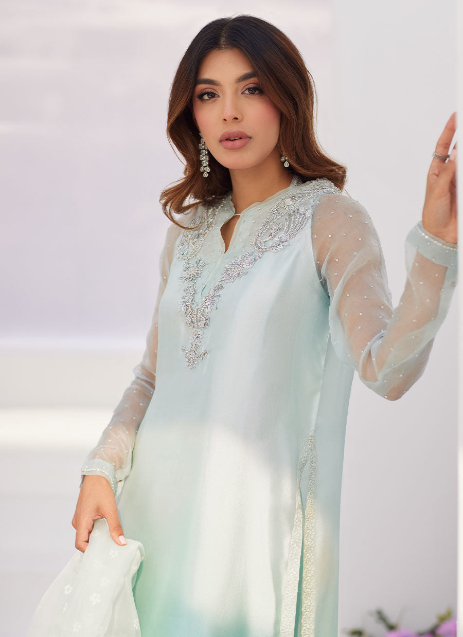 Farah Talib Aziz | Zaza Luxe Pret 24 | SOLENE AQUA OMBRE EMBELLISHED COLUMN SHIRT WITH EMBROIDERED KALIDAAR SLIP
