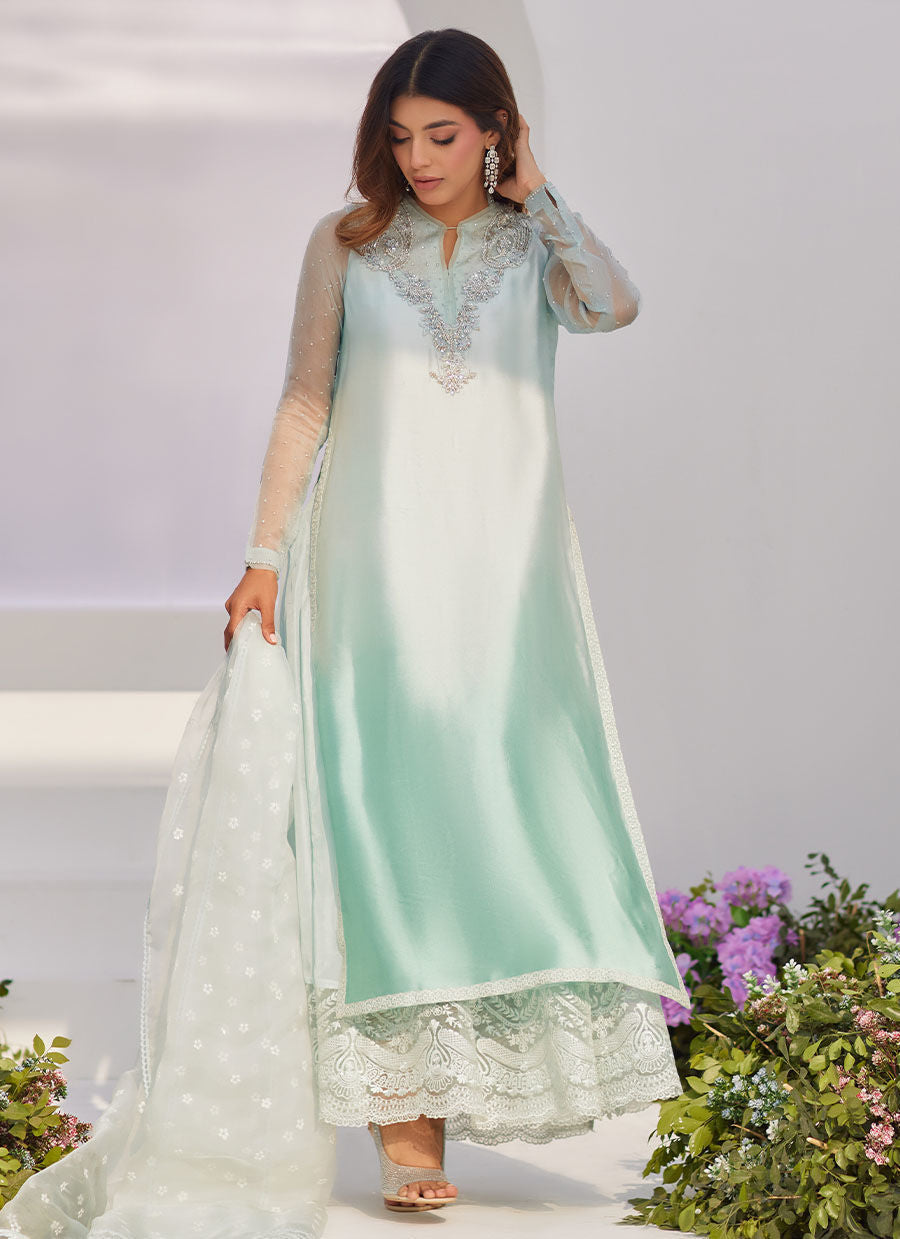 Farah Talib Aziz | Zaza Luxe Pret 24 | SOLENE AQUA OMBRE EMBELLISHED COLUMN SHIRT WITH EMBROIDERED KALIDAAR SLIP