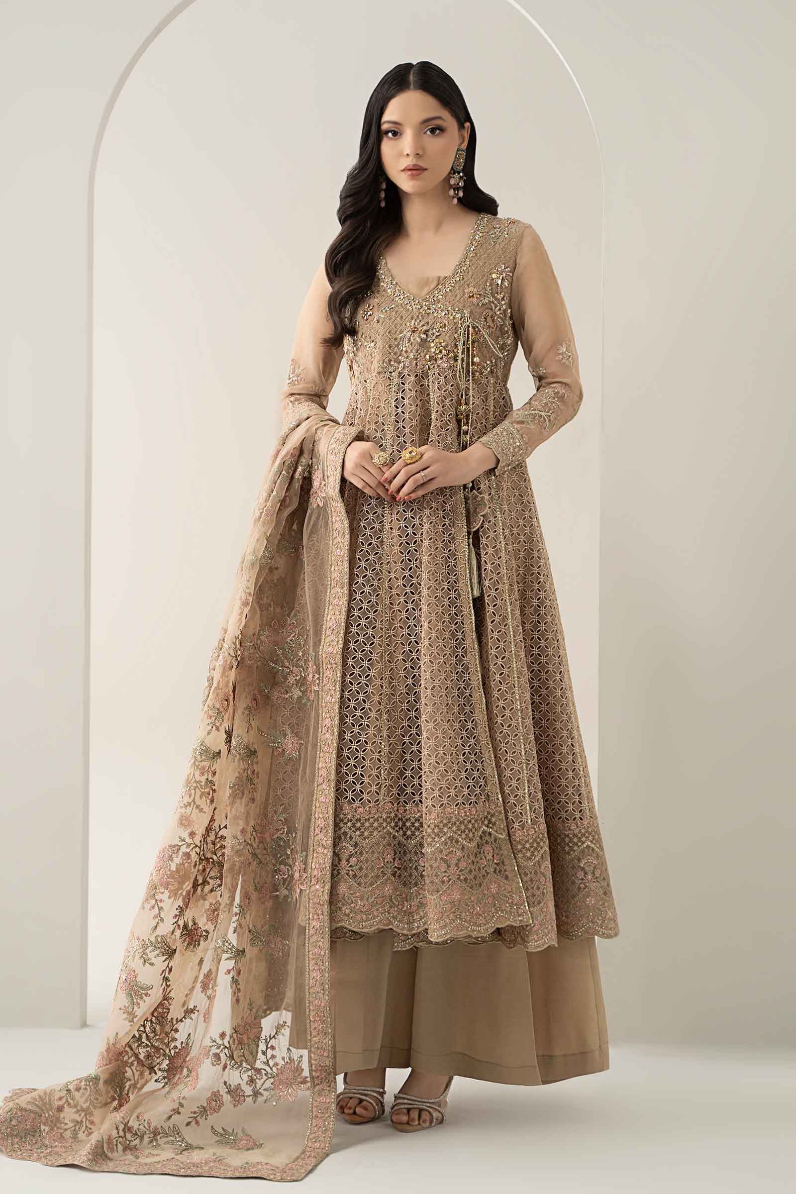 Maria B | Pre Fall Dresses | 3 Piece Embroidered Organza Suit Beige