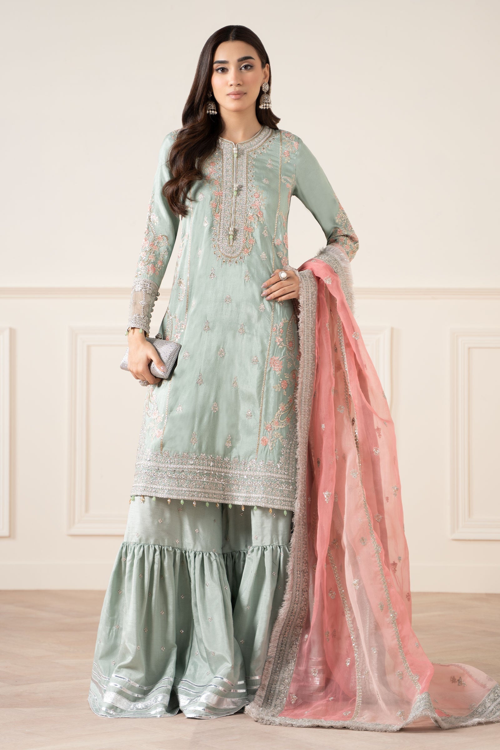 Maria B | Pre Fall Dresses | 3 Piece Embroidered Raw Silk Suit Sea Green