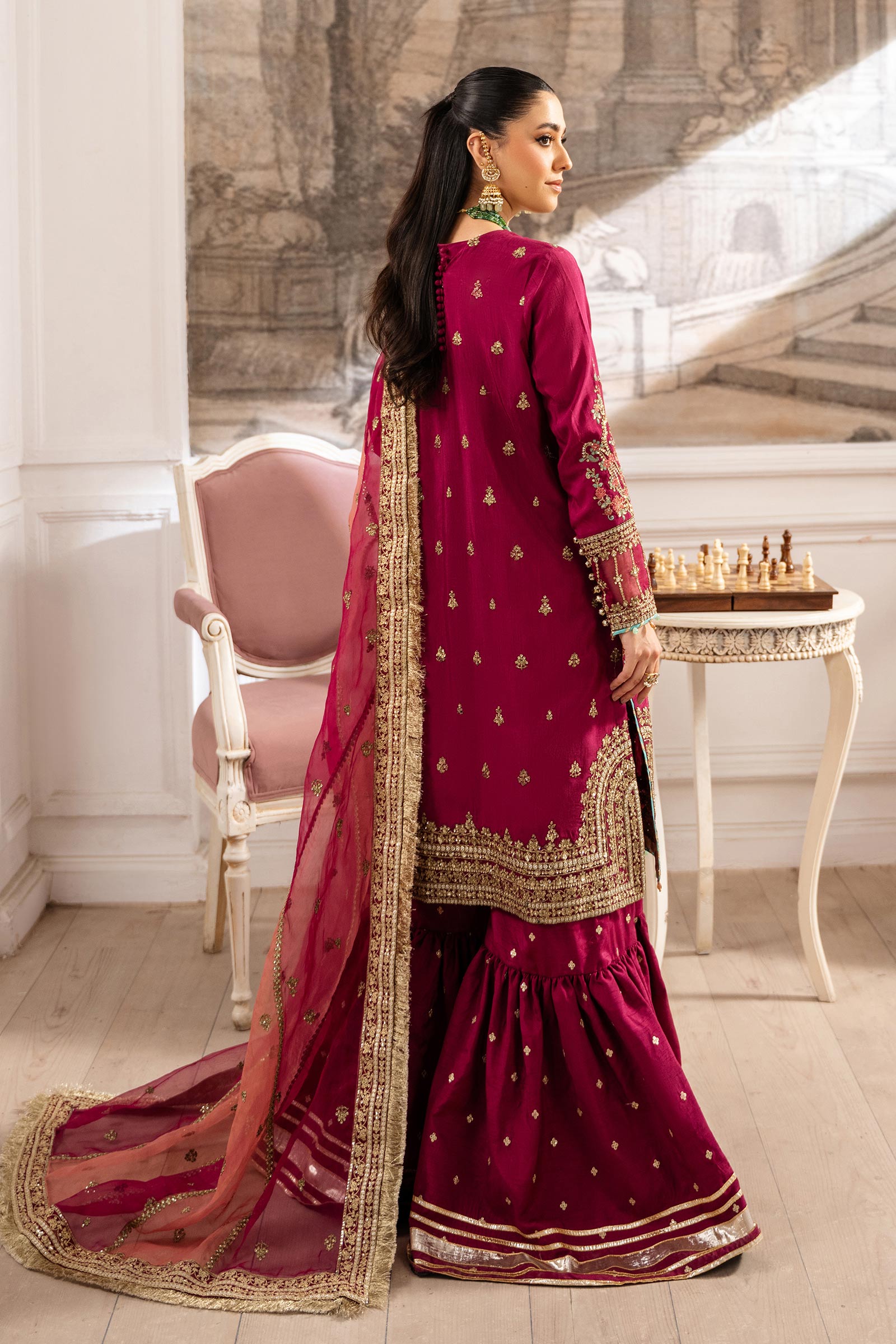 Maria B | Pre Fall Dresses | 3 Piece Embroidered Raw Silk Suit Redish Pink
