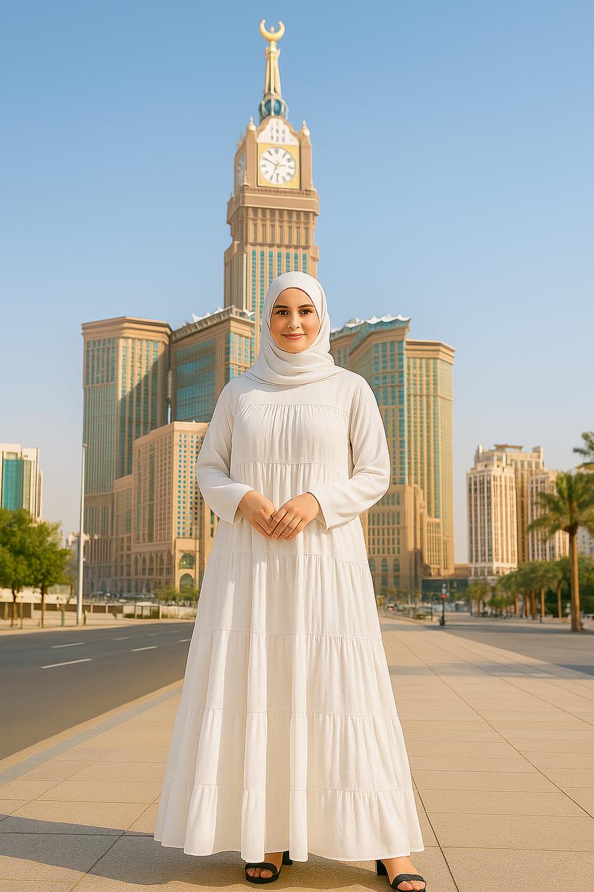 High Tiered Modesty White Hajj & Umrah Abaya