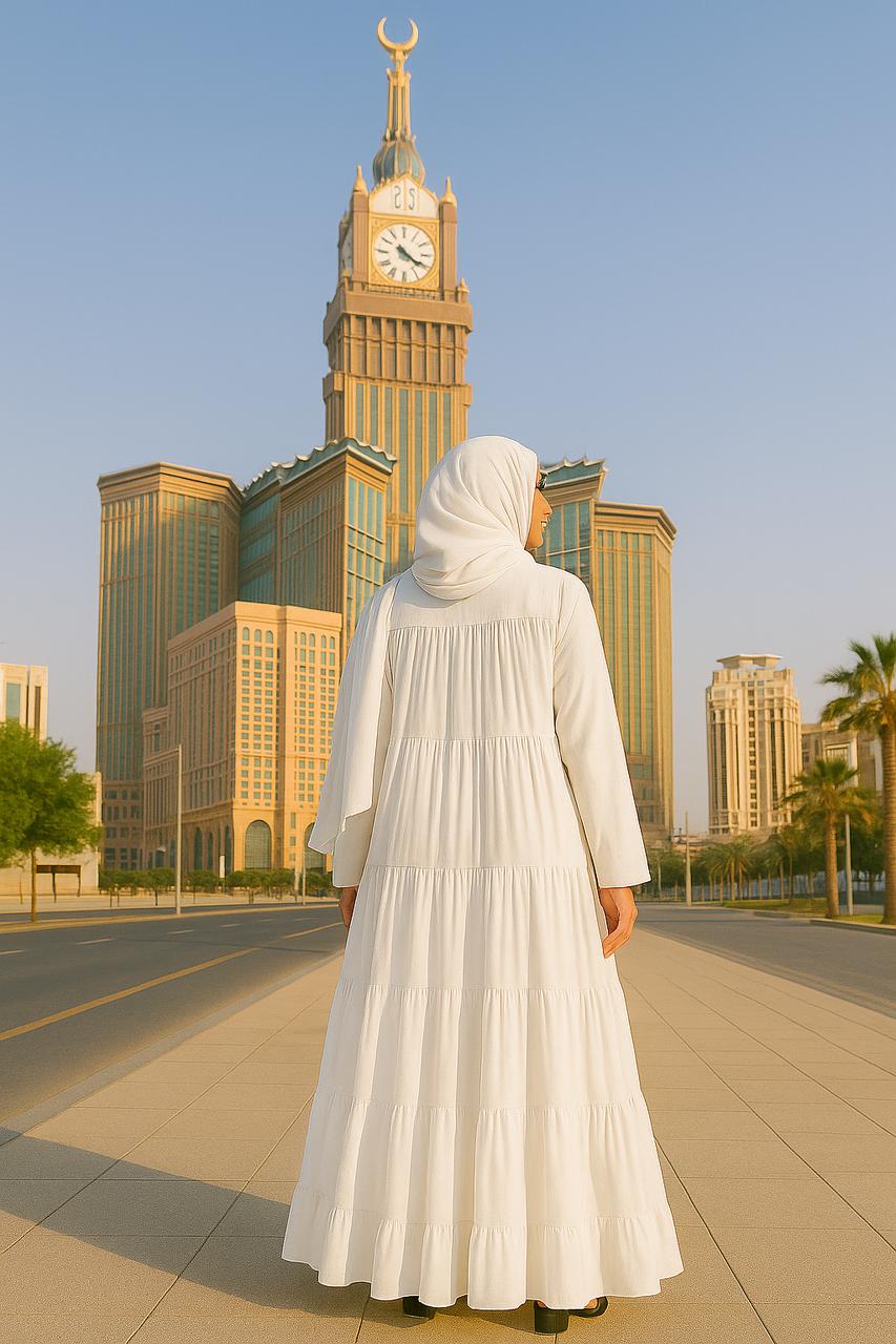 High Tiered Modesty White Hajj & Umrah Abaya