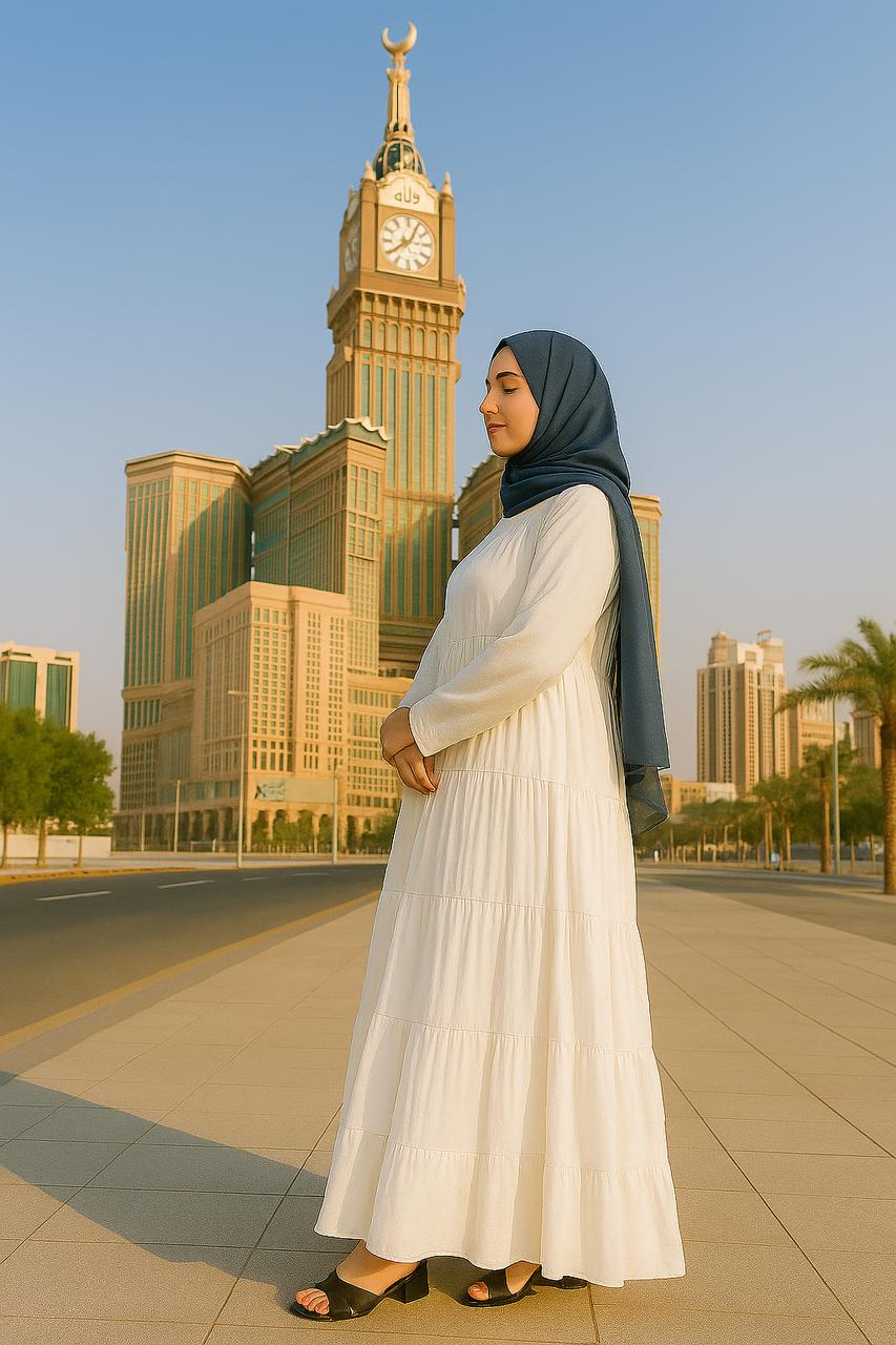High Tiered Modesty White Hajj & Umrah Abaya