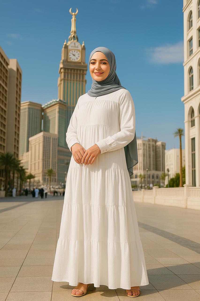 High Tiered Modesty White Hajj & Umrah Abaya
