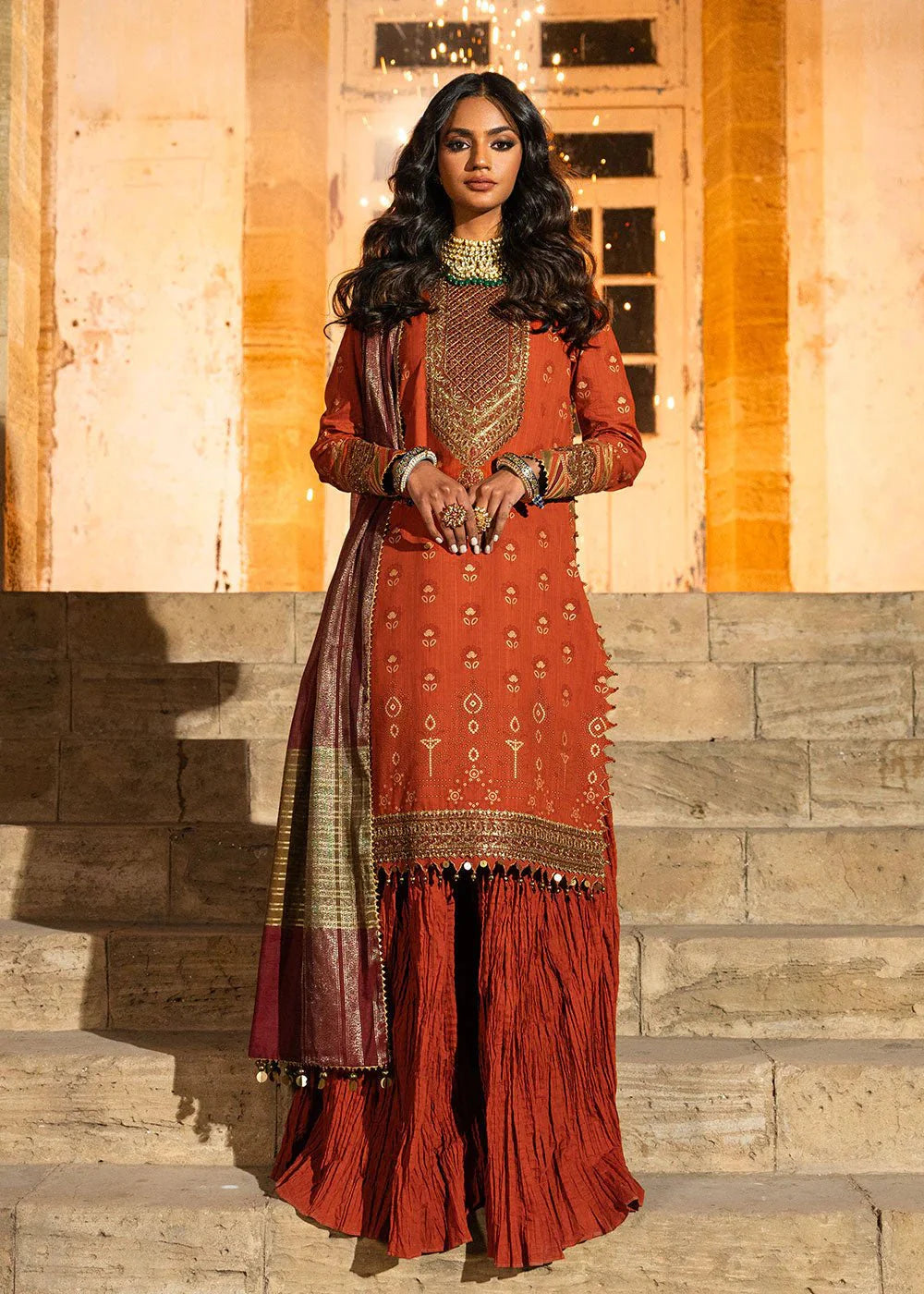 Alkaram | Spring Summer Festive 24 | Embroidered Two Way Slub Rust