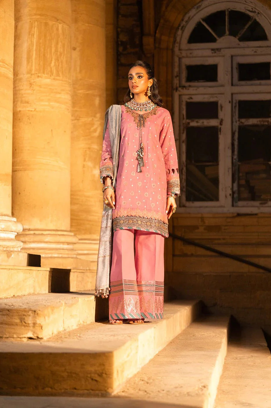 Alkaram | Spring Summer Festive 24 | Embroidered Two Way Slub Tea Pink