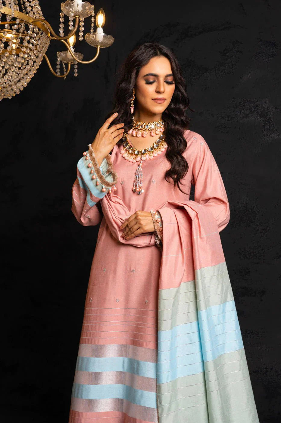 Alkaram | Spring Summer Festive 24 | Embroidered Yarn Dyed Salmon Pink