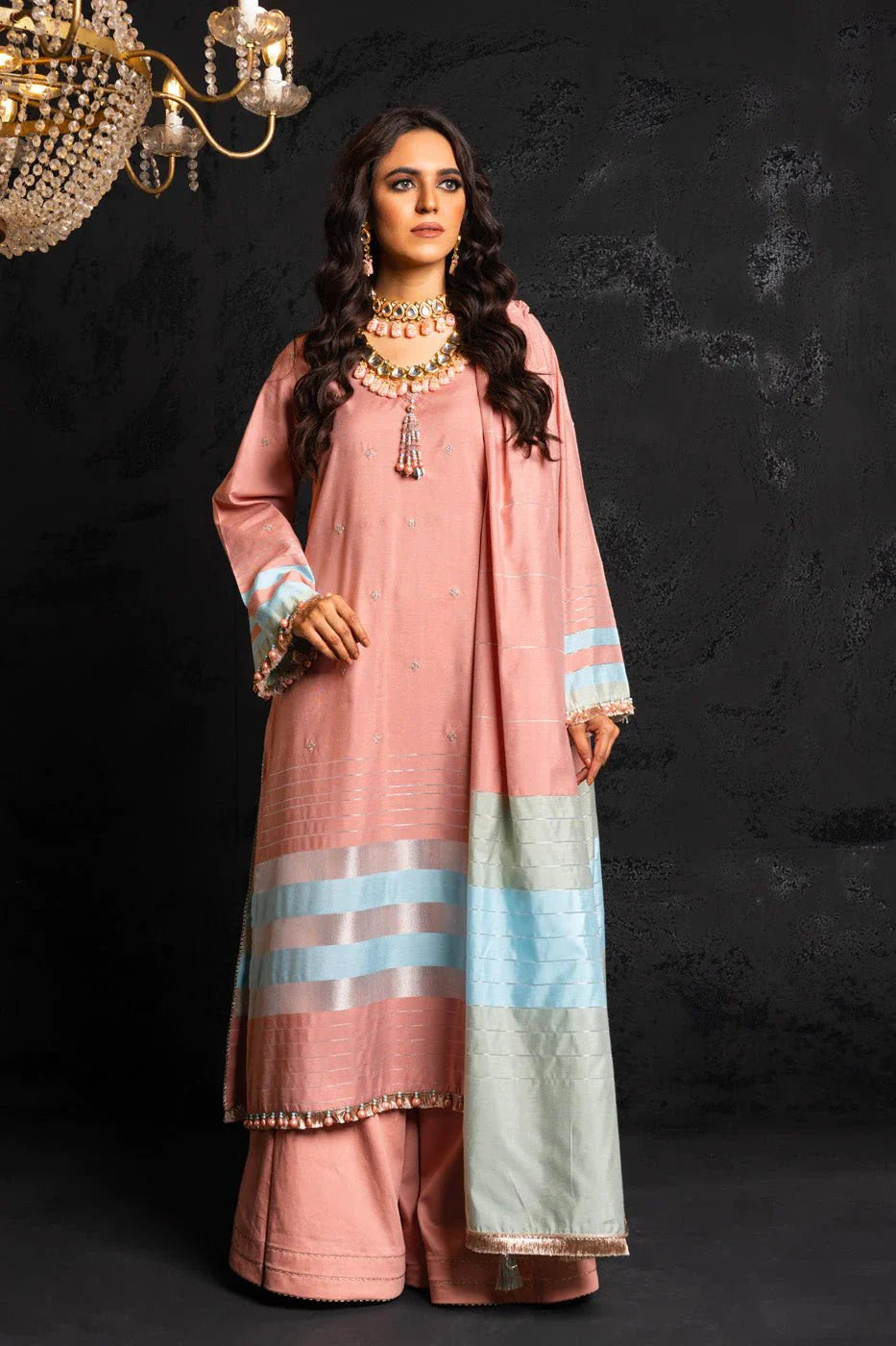 Alkaram | Spring Summer Festive 24 | Embroidered Yarn Dyed Salmon Pink