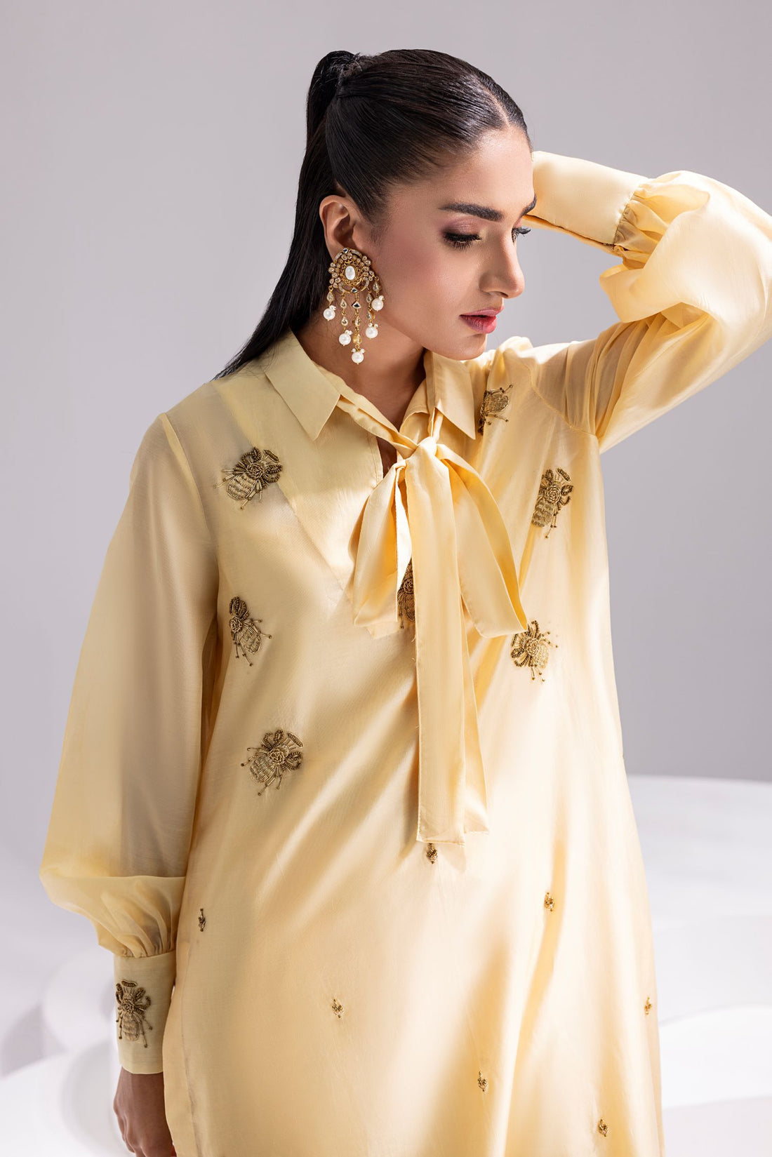 Amani | Aira Festive Wear | ALARA- Hand Embellished Butter Silk Shirt with Wide-Leg Trousers