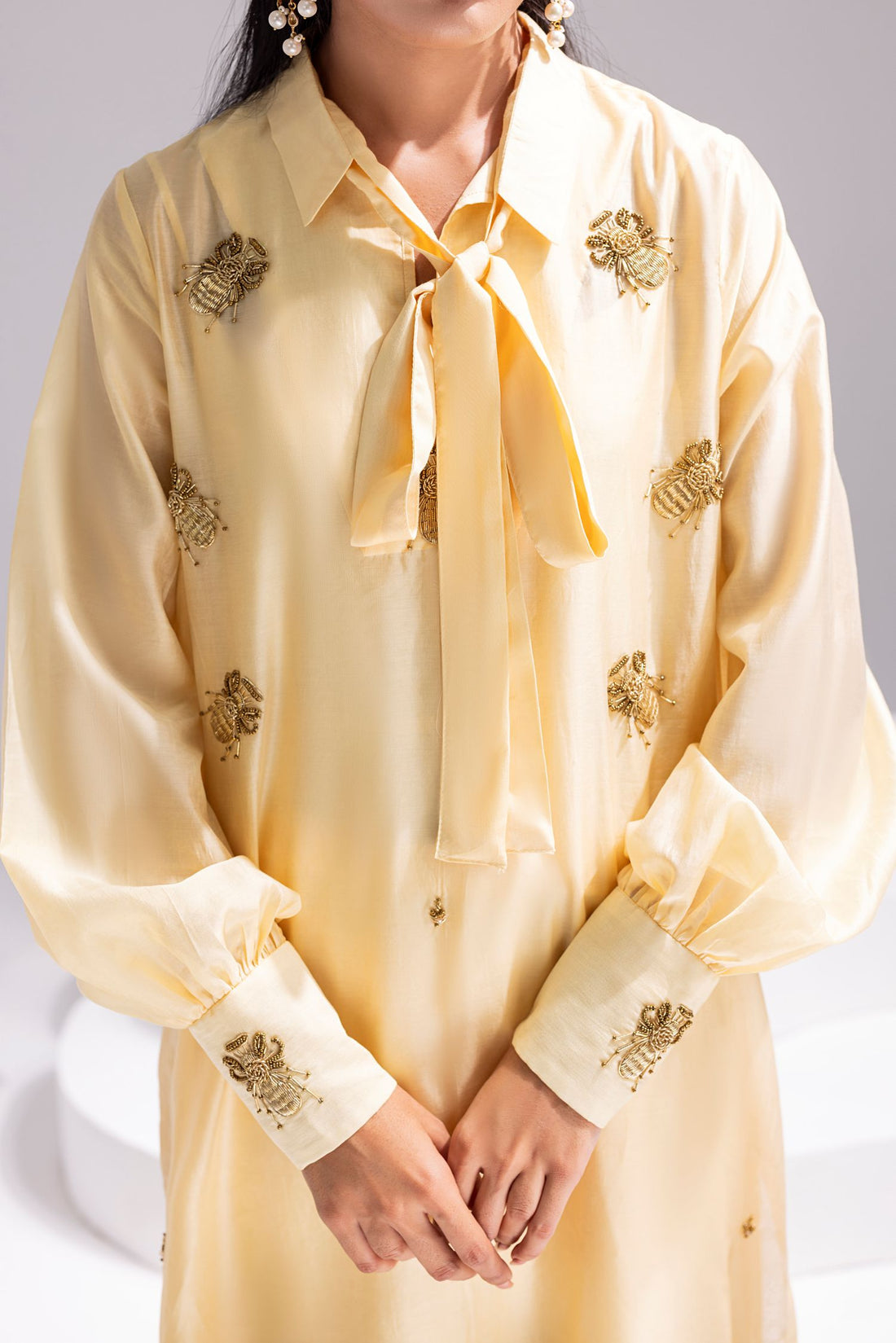 Amani | Aira Festive Wear | ALARA- Hand Embellished Butter Silk Shirt with Wide-Leg Trousers