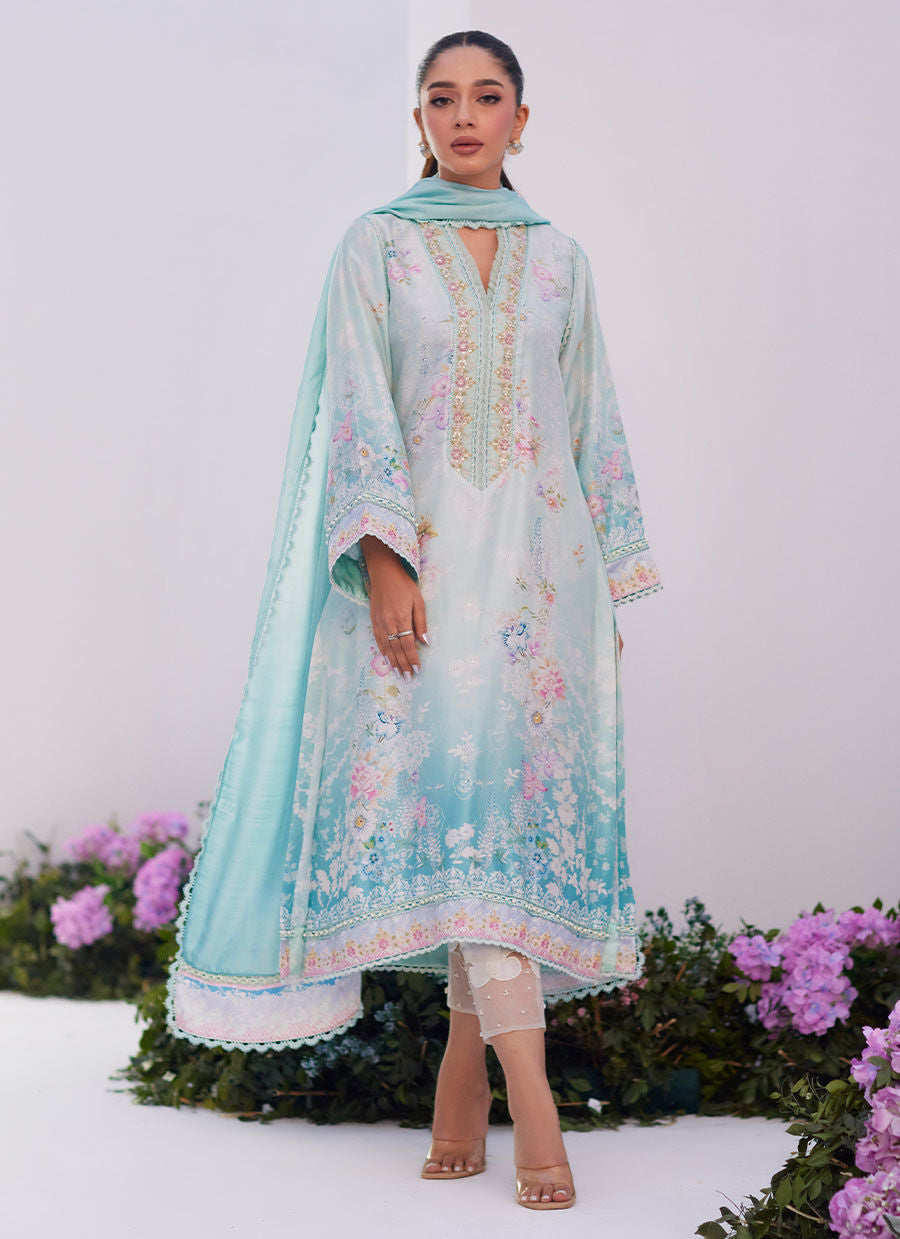 Farah Talib Aziz | Zaza Prints 24 | CYAN OMBRE SHIRT AND DUPATTA