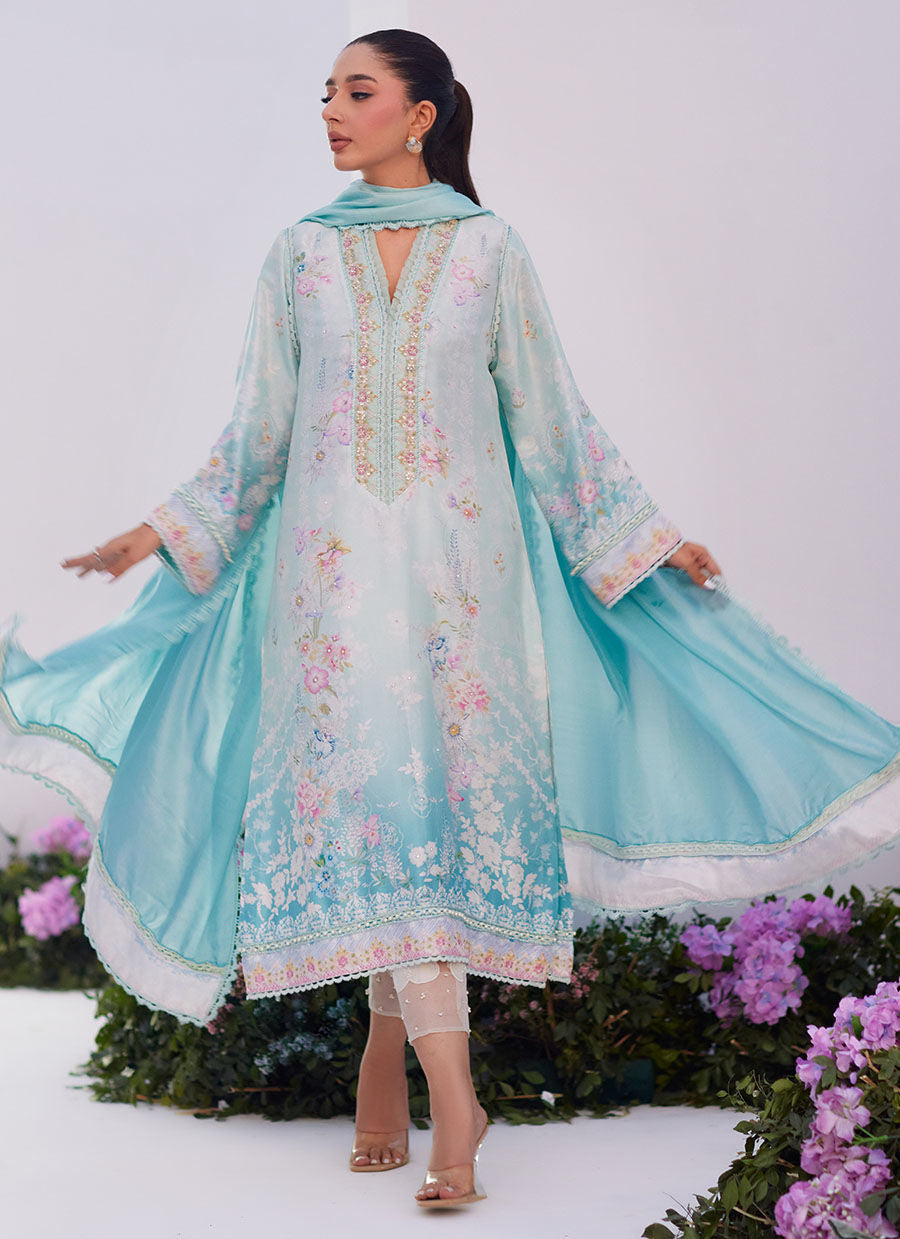 Farah Talib Aziz | Zaza Prints 24 | CYAN OMBRE SHIRT AND DUPATTA