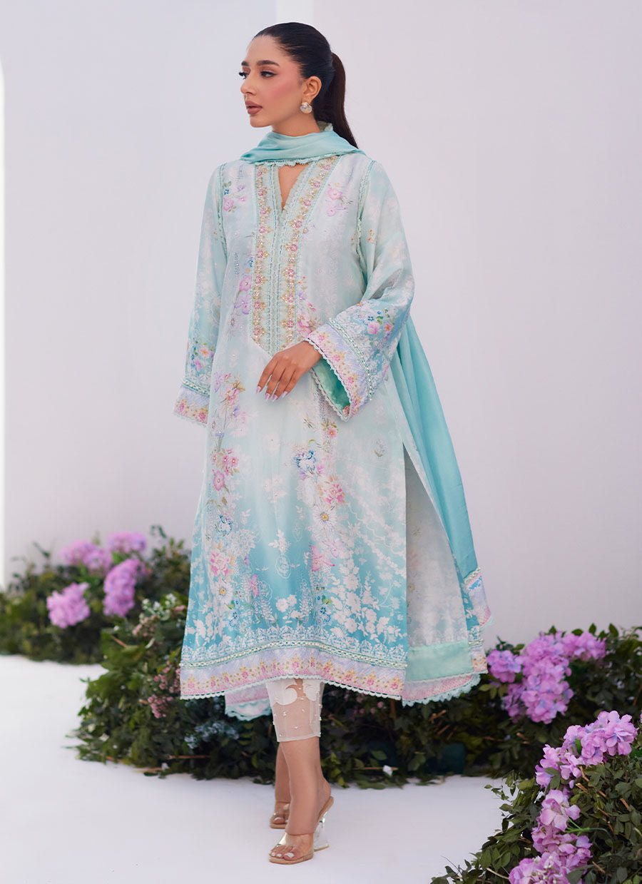 Farah Talib Aziz | Zaza Prints 24 | CYAN OMBRE SHIRT AND DUPATTA