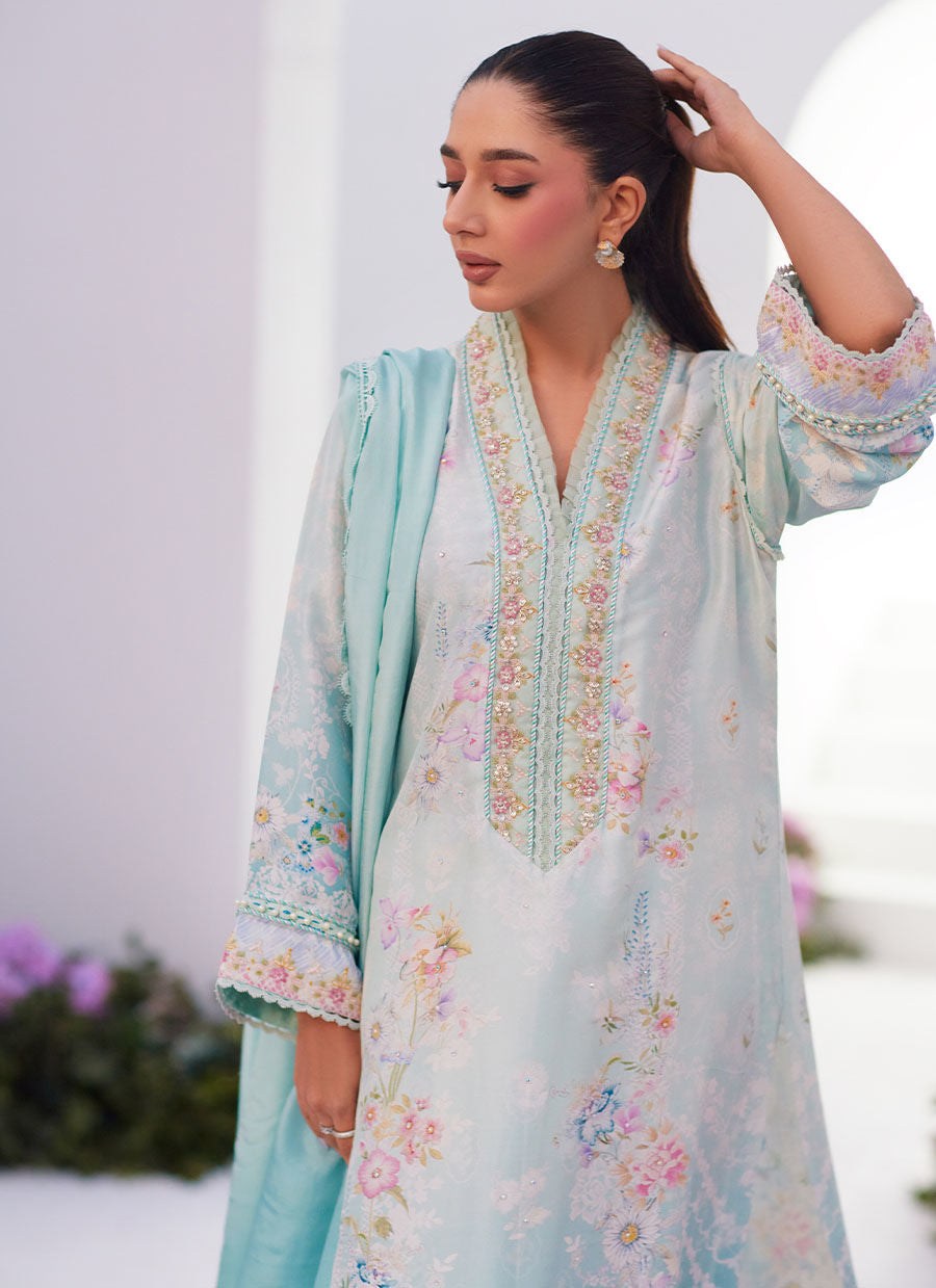 Farah Talib Aziz | Zaza Prints 24 | CYAN OMBRE SHIRT AND DUPATTA