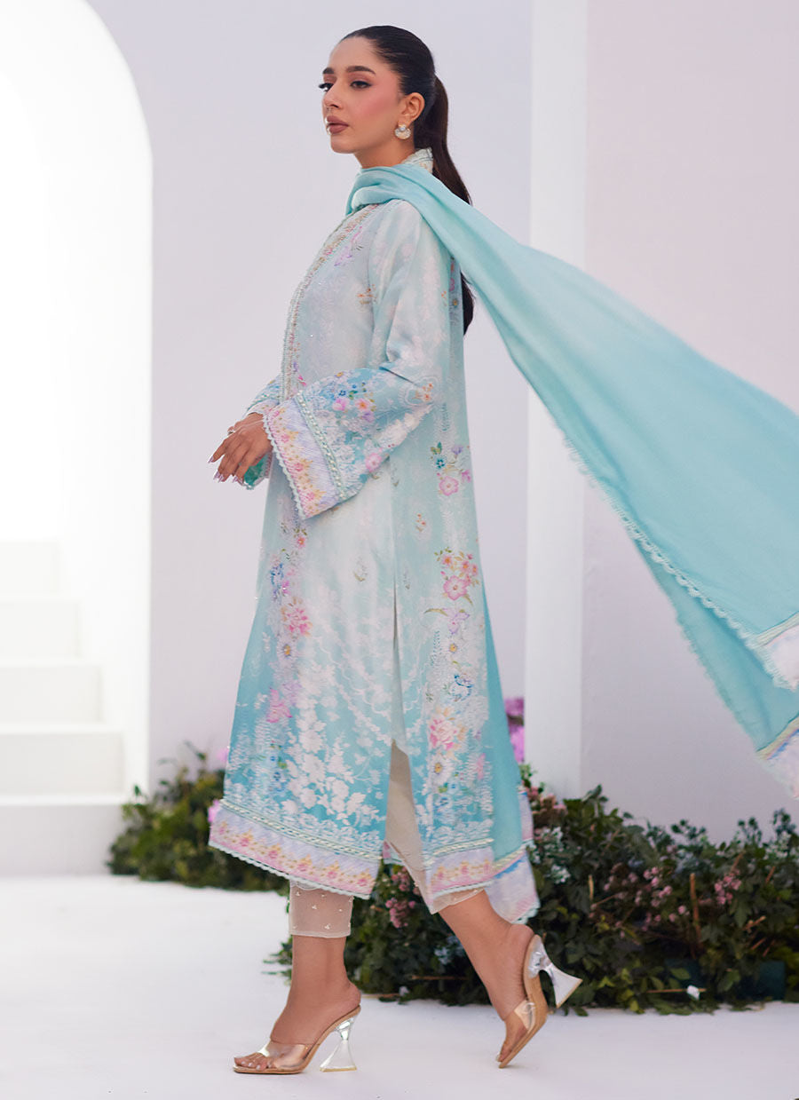 Farah Talib Aziz | Zaza Prints 24 | CYAN OMBRE SHIRT AND DUPATTA